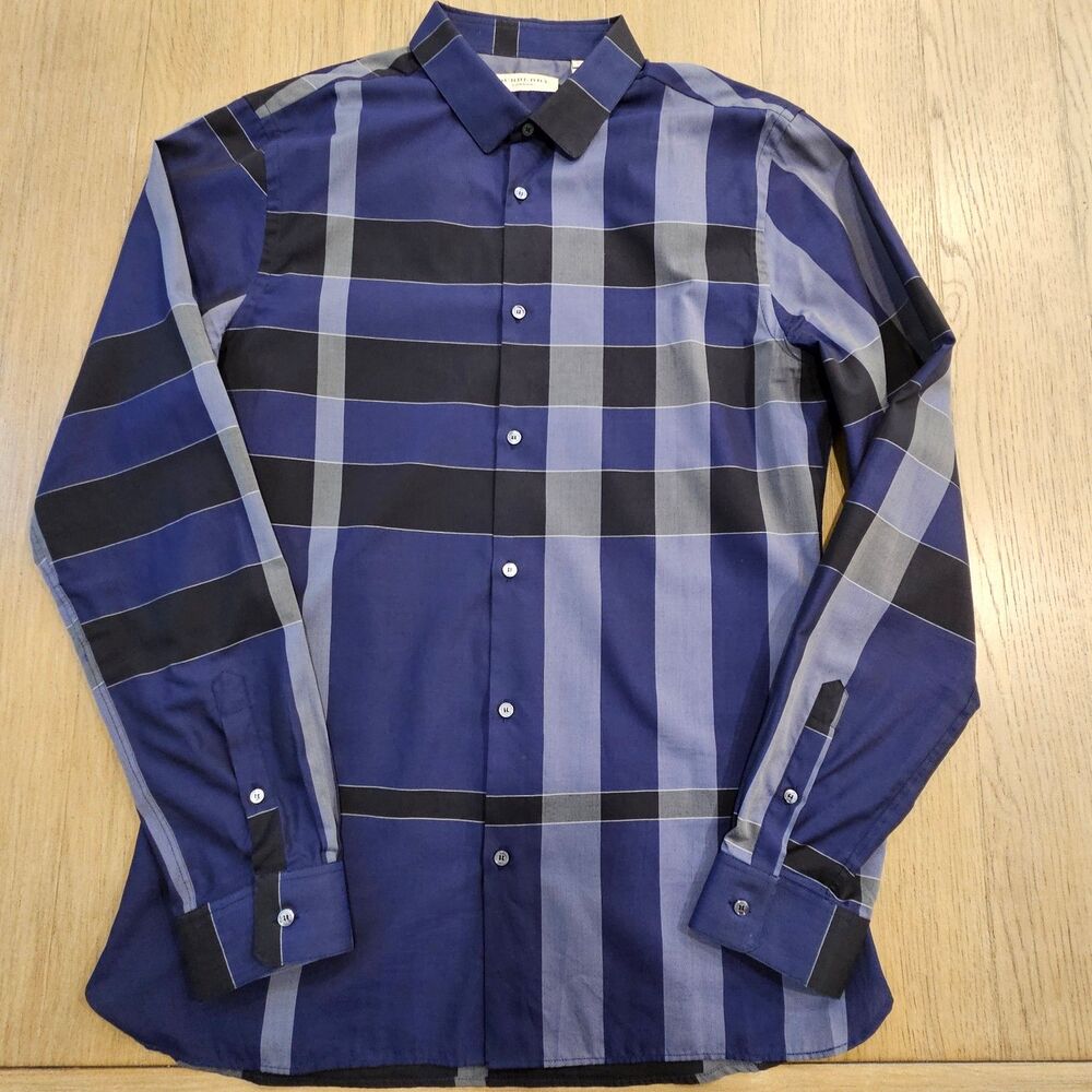 Burberry London Navy Blue Black Long Sleeve Shirt Men Size XL Alterations to M